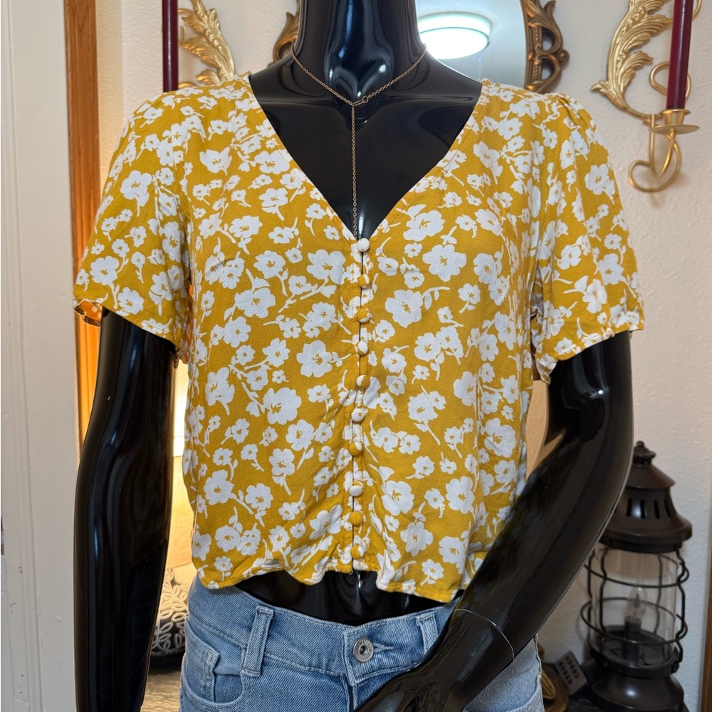 Floral Yellow Button-Up Women's Top